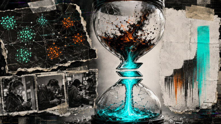 Cracked hourglass channels cyan liquidity through a Solana-shaped passage as orange fluid churns above, symbolizing unequal bot-routing outcomes.