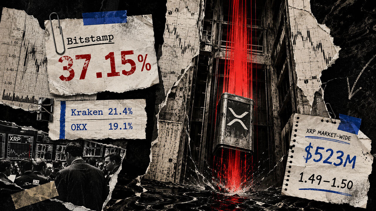 XRP elevator plunges through a red vertical market drop as Bitstamp’s 37.15% wick contrasts with Kraken, OKX, and broader market data.
