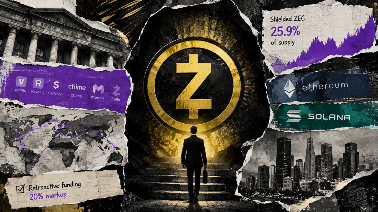 Suited figure walks toward a glowing Zcash emblem amid institutional buildings, payment apps, privacy metrics, Ethereum and Solana rivals.