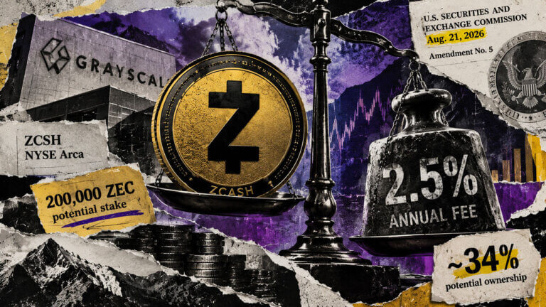 Massive Zcash vault door dominates a collage of Grayscale, SEC amendment, 2.5% fee, 200,000 ZEC stake, and 34% potential ownership.