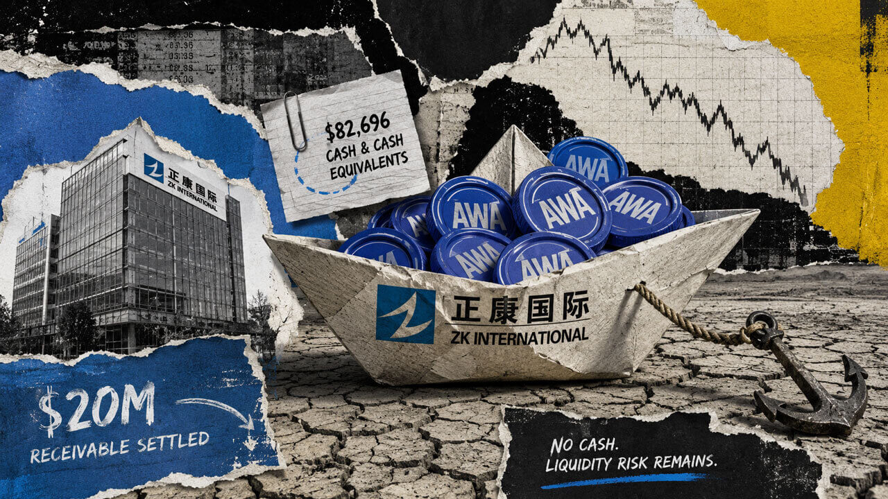 A ZK International paper boat loaded with AWA tokens sits stranded on cracked ground, contrasting a settled receivable with just $82,696 cash