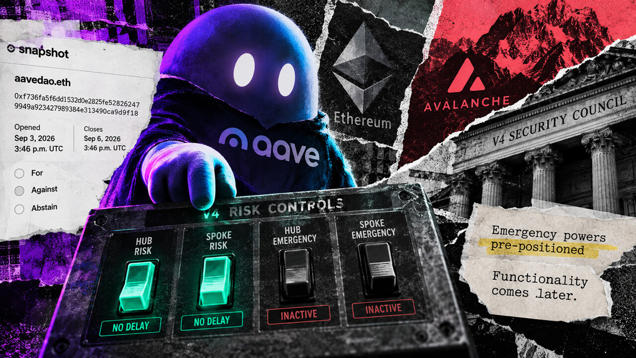 Aave figure reaches over V4 risk switches as emergency powers sit inactive beside Snapshot, Ethereum, Avalanche and Security Council fragments.
