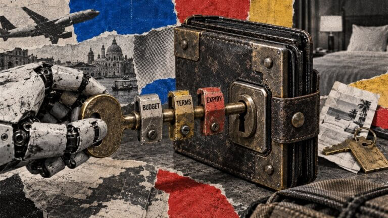 A worn AI agent hand turns a large key through budget, terms, and expiry stops into a battered wallet lockbox beside a hotel booking.