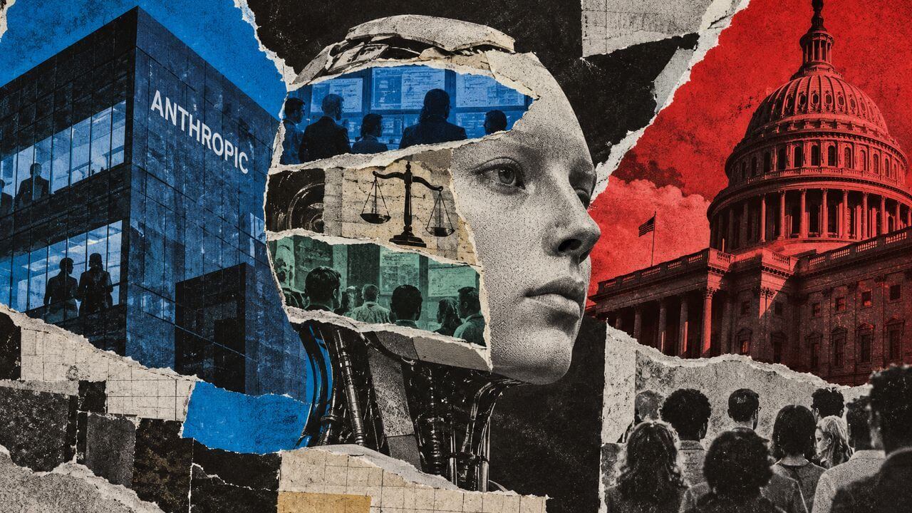 Public observers face a monumental AI figure positioned between government institutions and corporate technology infrastructure.