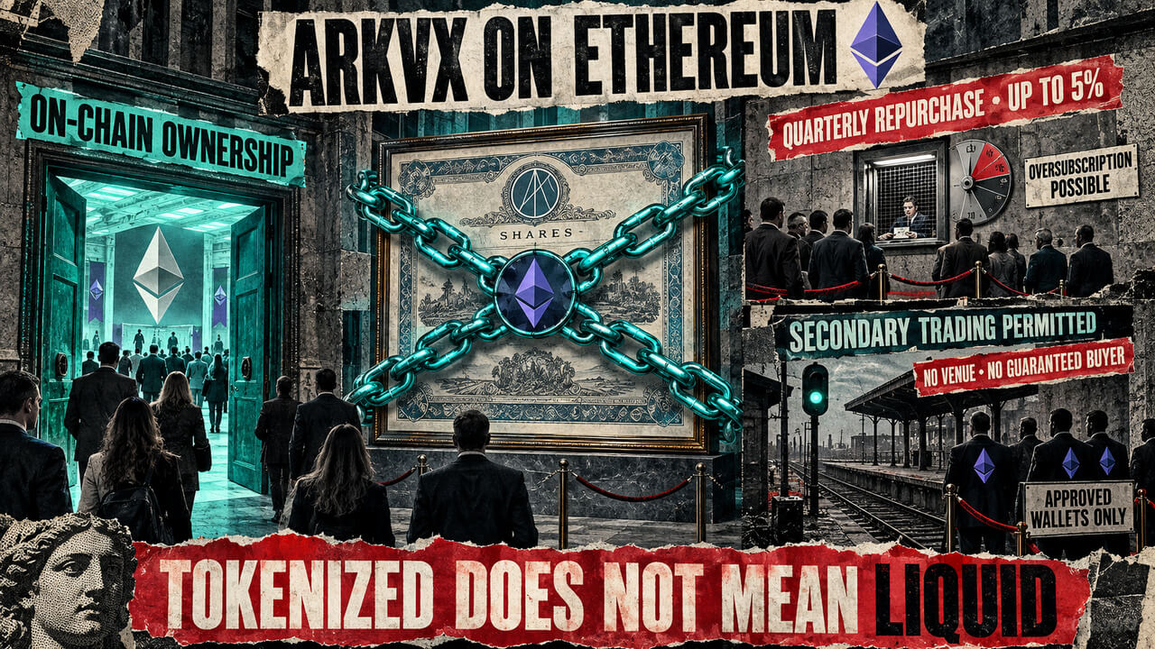 Punk-style collage showing an ARKVX share tokenized on Ethereum, with exits limited to capped quarterly repurchases or an empty secondary-market platform.