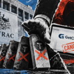 AUSTRAC building beside falling crypto dominoes and a cancelled GetCoins screen, with scam warning imagery in a gritty editorial collage.