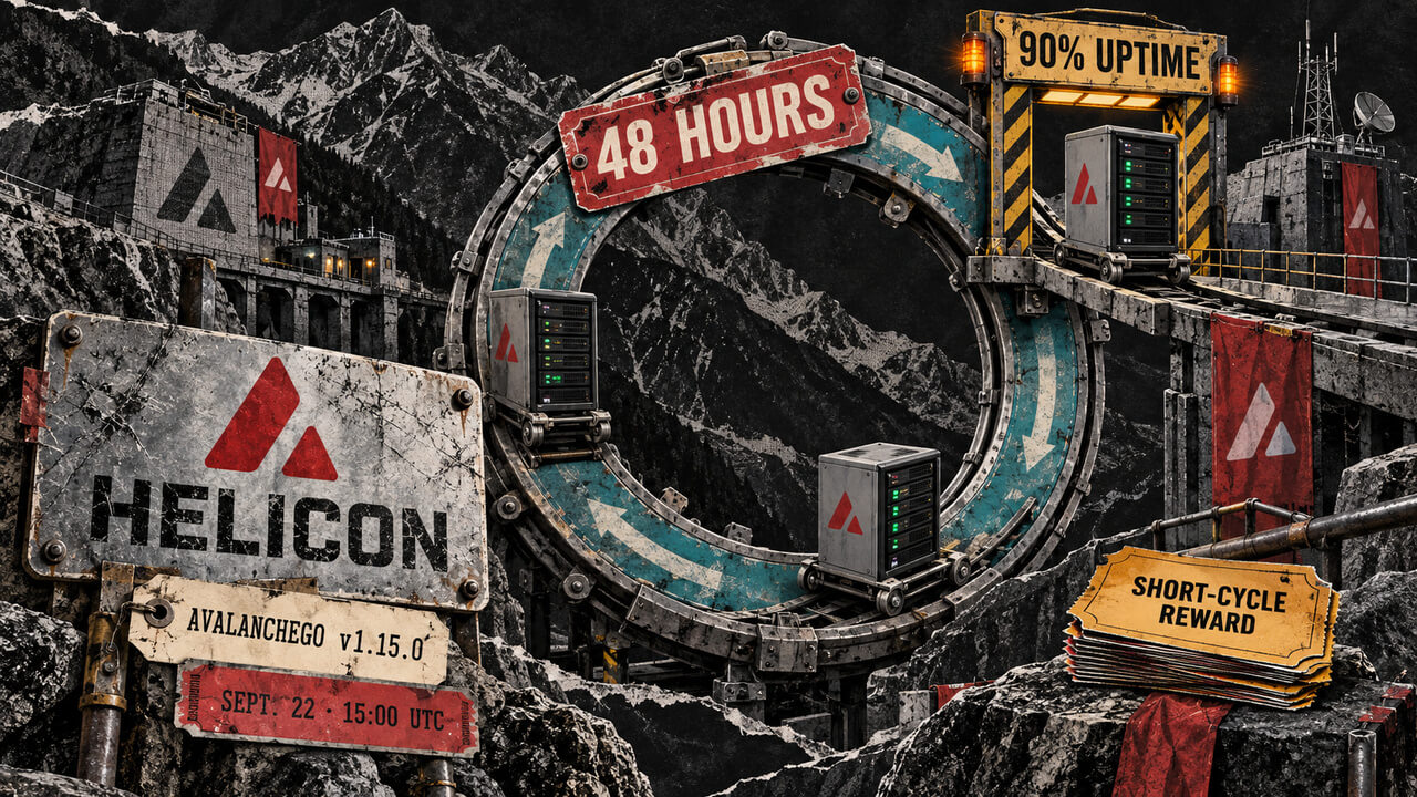 Editorial collage of validator servers circling a 48-hour Helicon renewal loop, passing a 90% uptime gate beside short-cycle reward tickets.