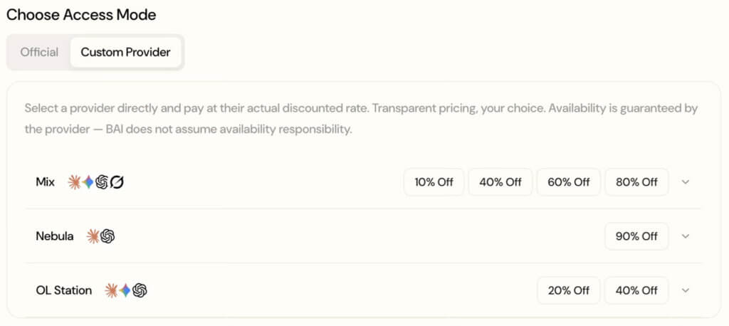 B.AI Custom Provider screen listing Mix, Nebula, and OL Station with discounted API pricing tiers.