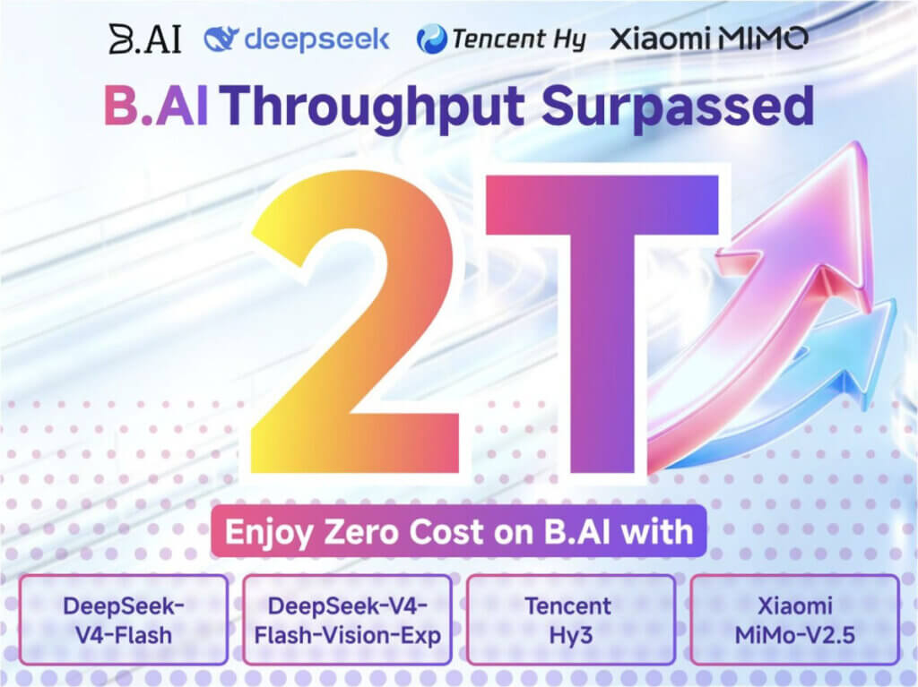 B.AI graphic announcing more than 2 trillion tokens of throughput across free DeepSeek, Tencent Hy3, and Xiaomi MiMo access.
