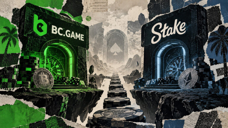 BC Game and Stake face off across a casino-chip bridge with roulette, dice, Bitcoin, Ethereum, and torn-paper editorial textures.