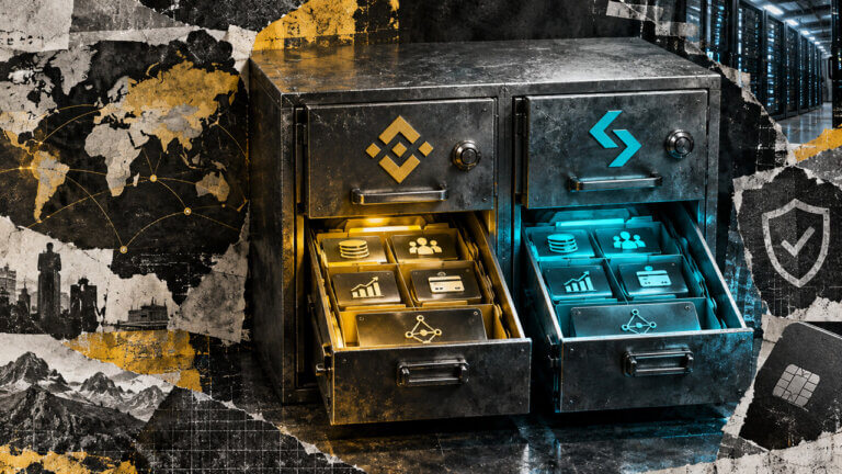 Binance and Bitget represented by dual vault drawers containing trading, payment, network, and market-access symbols.
