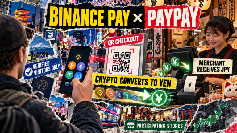 Torn-paper collage showing a verified visitor scanning a PayPay QR code with Binance crypto, which converts to yen for the merchant.