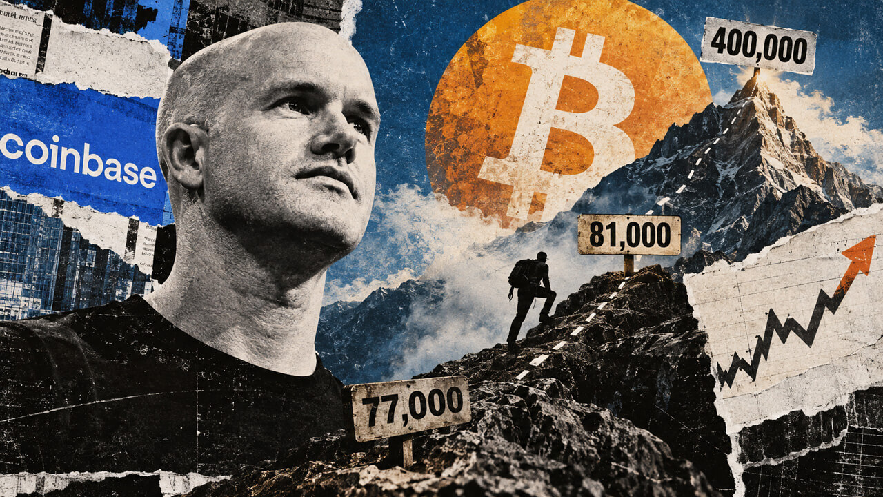 Brian Armstrong beside a rugged Bitcoin price climb from $77,000 past $81,000 toward a $400,000 target in a distressed editorial collage.
