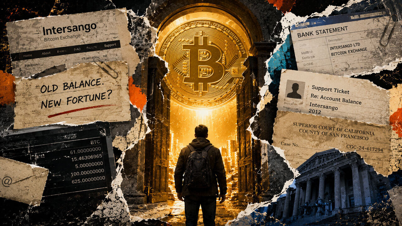 A former exchange user faces a glowing Bitcoin gateway framed by old account records, bank evidence and court documents.