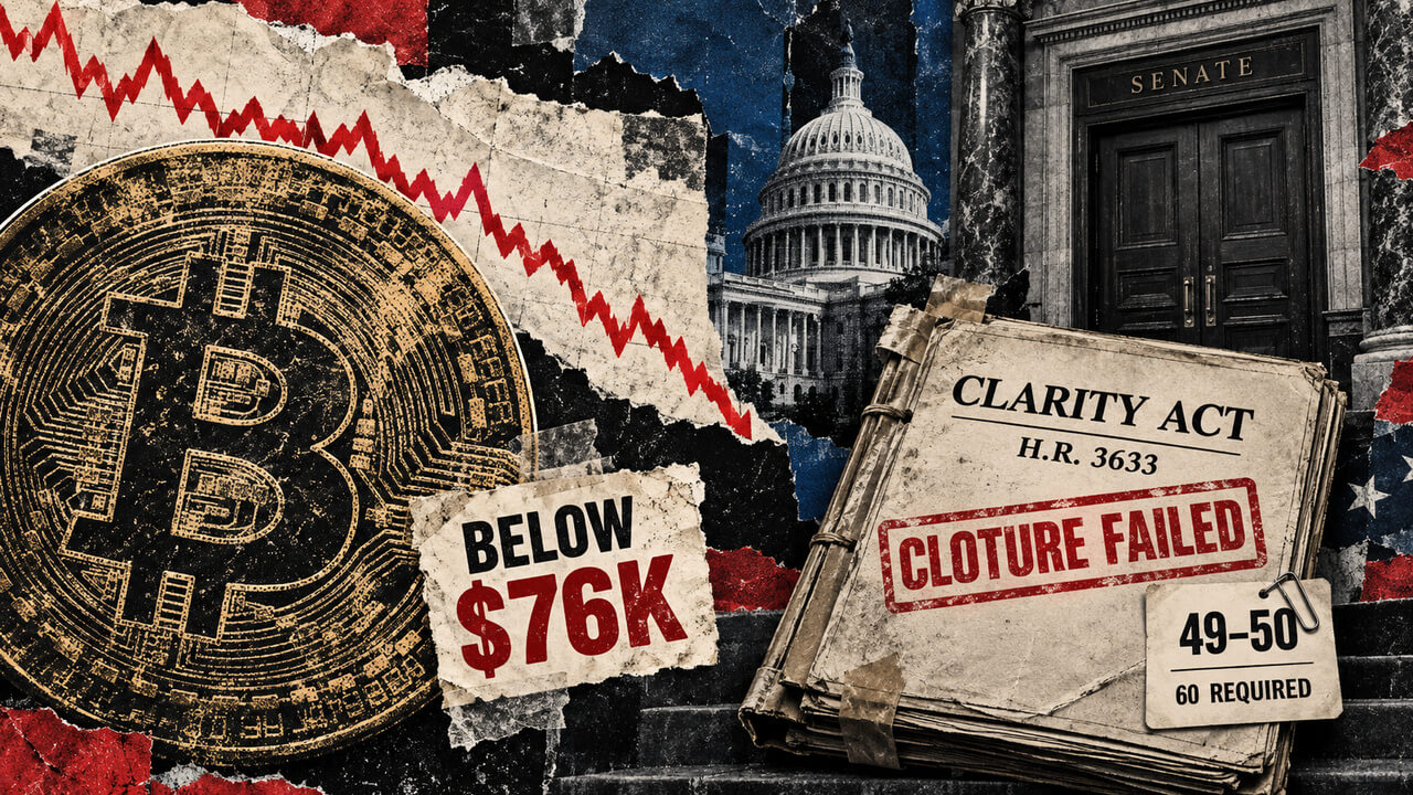 Bitcoin appears beside the U.S. Capitol and Senate doors, with a CLARITY Act file marked “Cloture Failed” and a 49–50 vote tally.