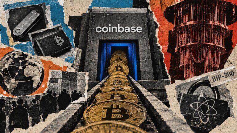 Bitcoin moves into a Coinbase vault as quantum hardware and BIP-360 imagery frame the security challenge in a raw editorial collage.