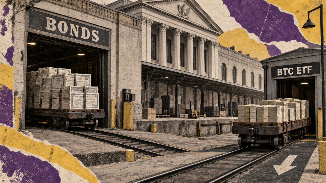 Bond certificates fill one depot trolley while cash bundles sit outside a BTC ETF shed beside an outward arrow.