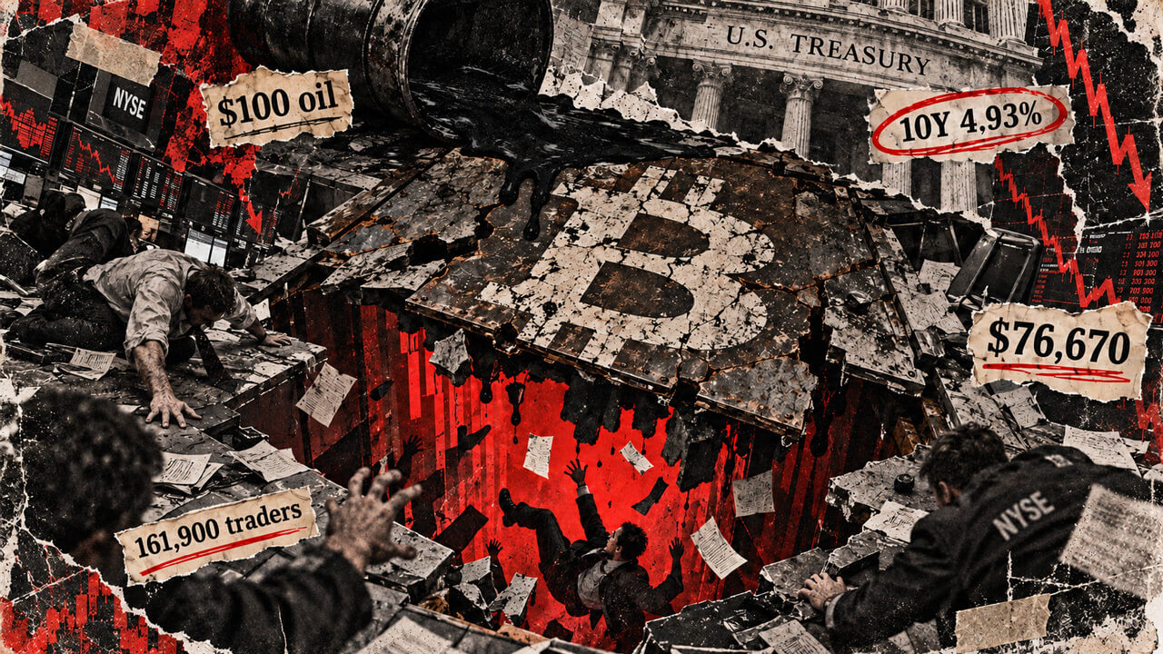 Bitcoin trading floor collapses into a red liquidation void beneath rising yields, $100 oil, and falling crypto prices.