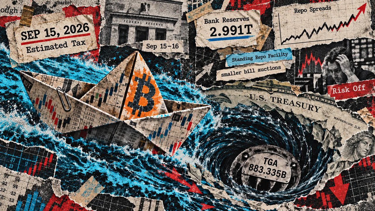 A Bitcoin paper boat is drawn toward a Treasury whirlpool as the tax deadline, repo pressure and reserve conditions converge.