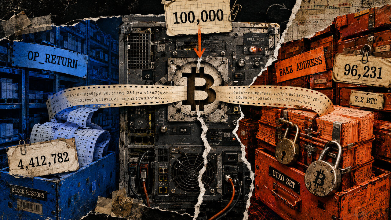 Editorial collage contrasts blue OP_RETURN block-history records with orange locked fake-address UTXO files around a Bitcoin node, labeled 4,412,782, 96,231, and 3.2 BTC.