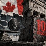 Gritty Canadian banking collage with crypto assets on a balance beam facing a massive 100% risk-weight barrier under OSFI rules.