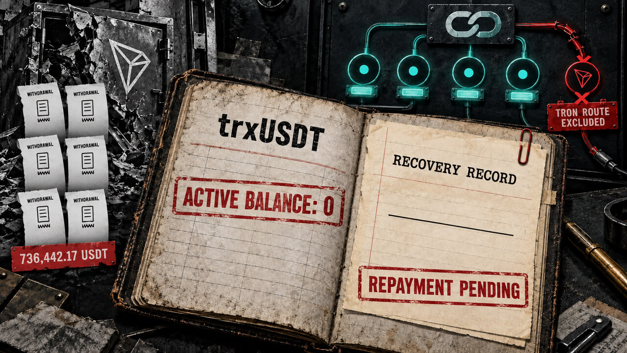 Editorial collage of Chainflip’s TRON USDT recovery, showing six duplicate withdrawals, a zeroed active balance, and a separate pending repayment record.