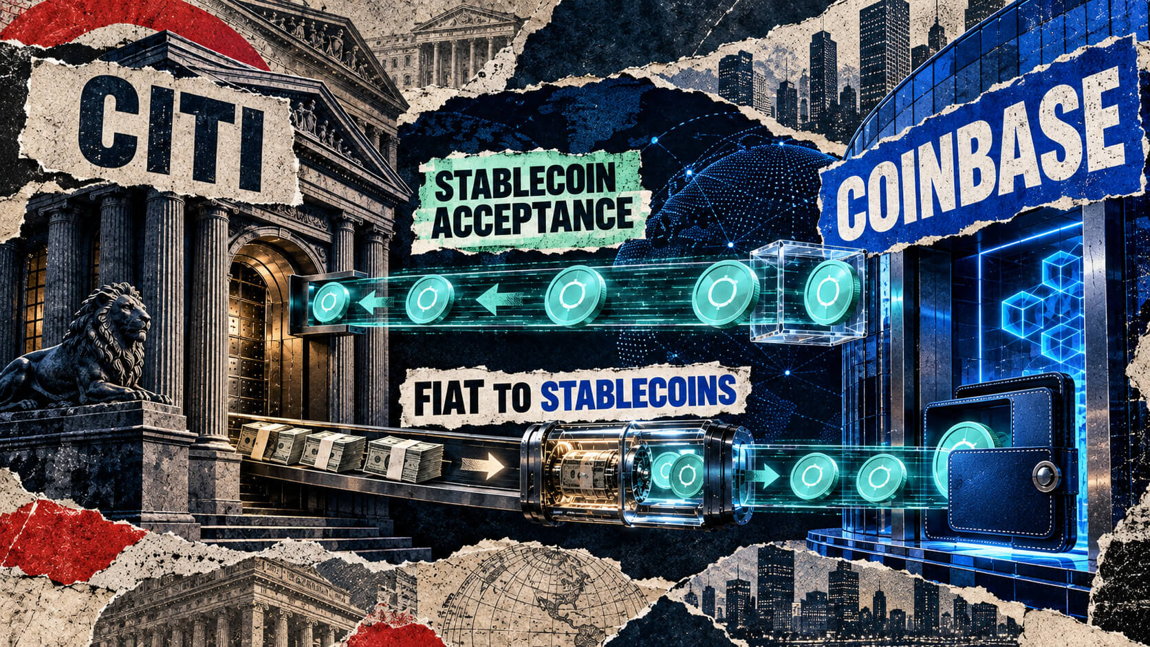 Torn-paper collage labeled Citi and Coinbase, showing stablecoins entering a bank above and fiat converting into stablecoins below.