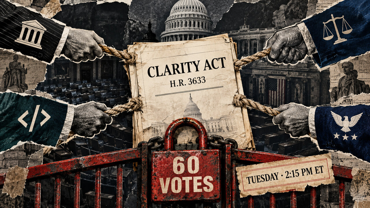 Editorial collage of the CLARITY Act dossier pulled by opposing groups behind a locked Senate gate marked “60 Votes” before Tuesday’s vote.