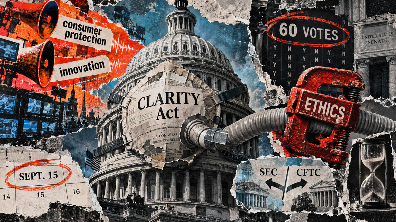 Torn-paper collage shows the Capitol on life support as an ethics clamp chokes the CLARITY Act ahead of the Sept. 15 Senate vote.