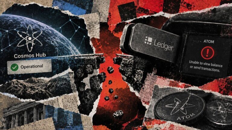 Torn-paper editorial collage showing a broken connection between an operational Cosmos Hub and unavailable ATOM access through Ledger.