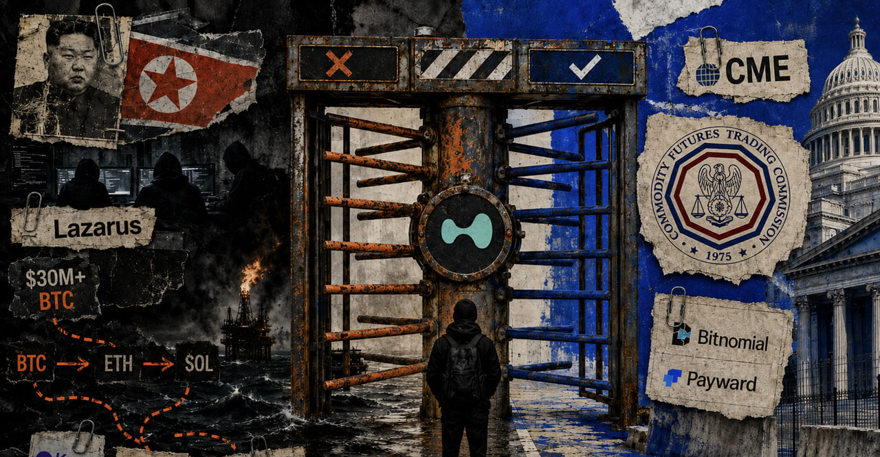 A rusted turnstile divides offshore Lazarus-linked crypto flows from a regulated US path involving CFTC, Bitnomial, and Payward.
