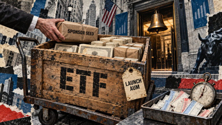 Editorial collage of a sponsor loading seed capital into an ETF crate beside an exchange entrance, with separate trading tickets and a stopwatch.