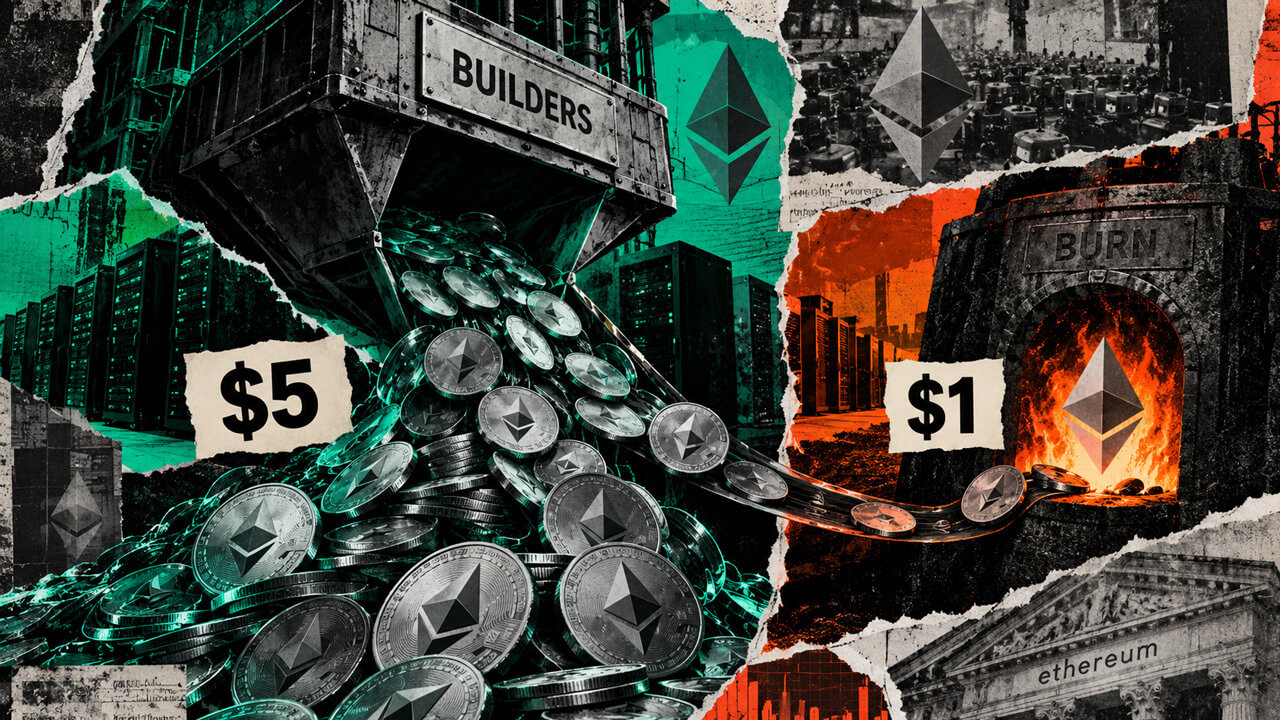 Ethereum collage shows a large $5 stream flowing to builders while a much smaller $1 stream feeds ETH burn infrastructure.