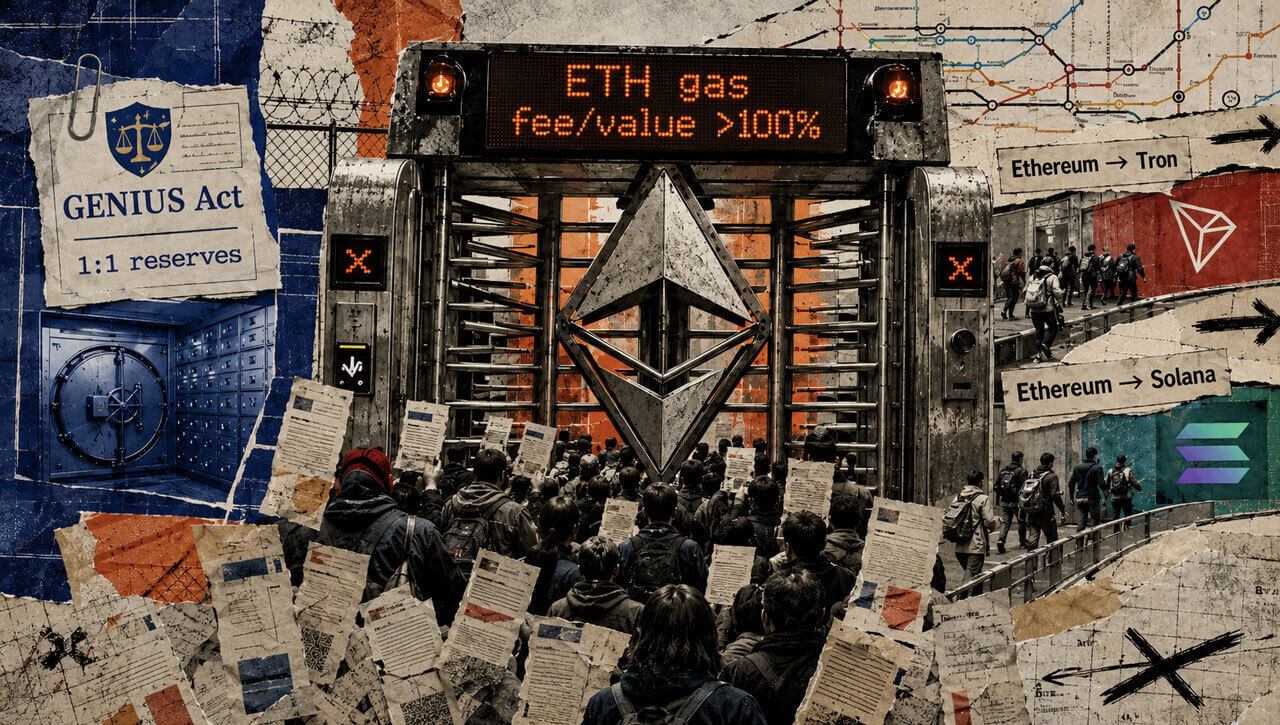 Crowd blocked by an Ethereum gas fee turnstile while GENIUS Act reserve safeguards and routes to Tron and Solana appear nearby.