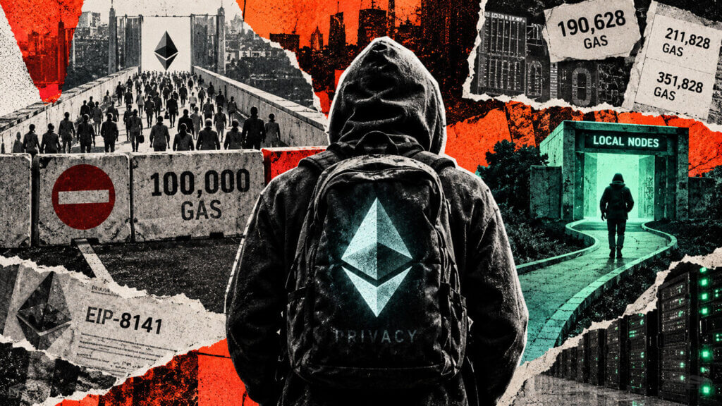 A privacy user faces a 100,000-gas public-network barrier while a separate path leads toward local Ethereum nodes.