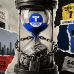 Chained hourglass filled with TUSD-marked blue liquid and cash, framed by DIFC Courts, Sept. 7 affidavit deadline, and frozen-assets labels.
