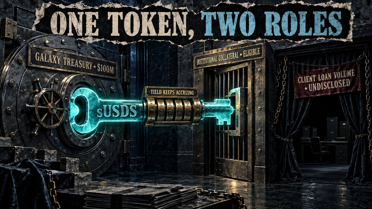 Editorial collage shows an sUSDS key linking Galaxy’s $100 million treasury vault to an eligible institutional collateral gate, with loan volume undisclosed.