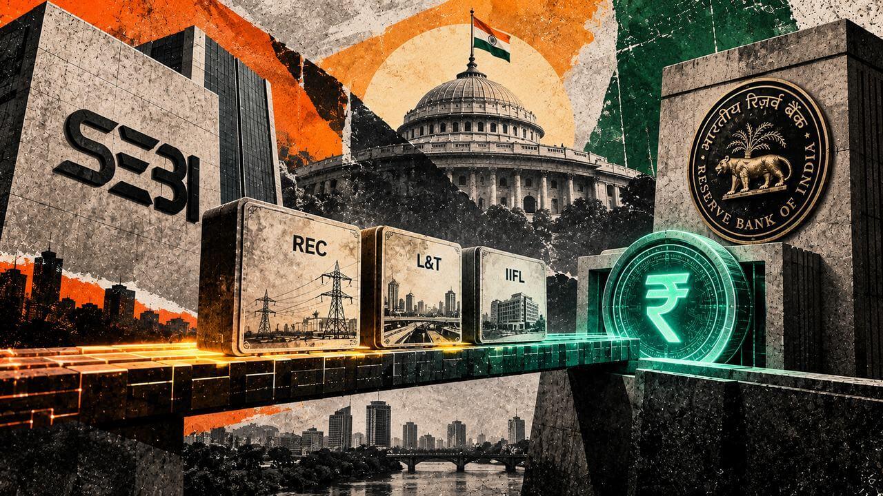 Indian corporate bond tokens travel across regulated settlement rails connecting SEBI oversight with RBI digital rupee infrastructure.