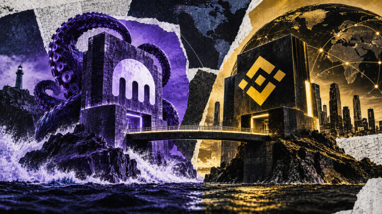 Kraken and Binance exchange structures face across a glowing bridge, symbolizing a side-by-side comparison of access, markets, and infrastructure.