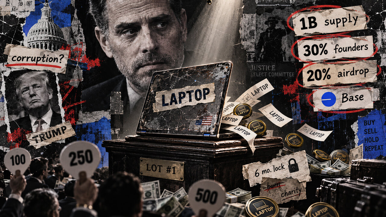 Hunter Biden’s LAPTOP token is staged like a political auction, with 1 billion supply, founder allocation and airdrop mechanics surrounding the sale.
