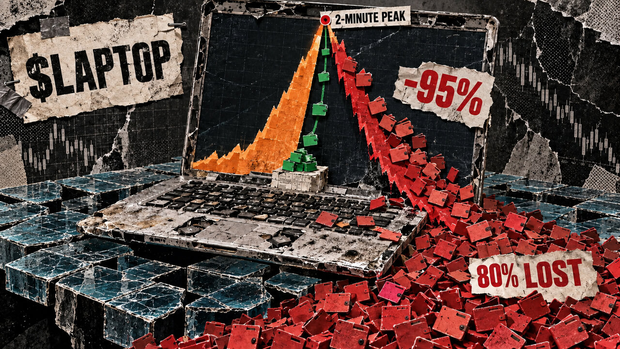 Editorial collage of a battered laptop showing $LAPTOP’s two-minute peak and 95% crash, surrounded by red wallet cards labeled 80% lost.