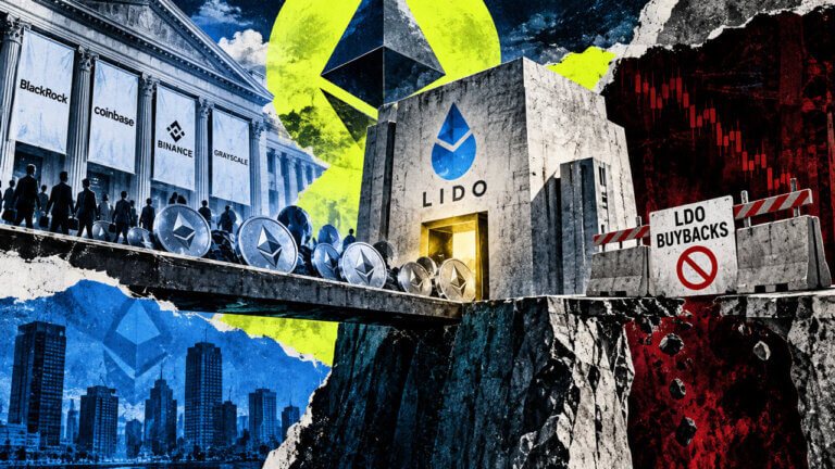 Institutional Ethereum staking crosses toward Lido before the route breaks at a blocked LDO buyback barrier.