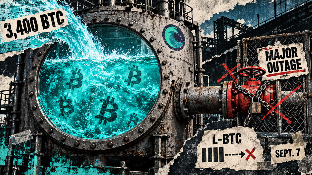 Liquid’s Bitcoin reserve tank refills with 3,400 BTC while a chained red valve represents withdrawals remaining unavailable.