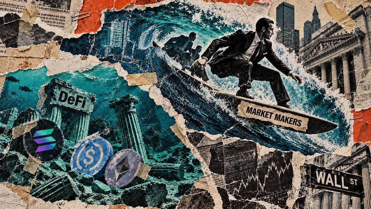 market makers surfing a wave over DeFi ruins, with Solana, USDC, Ethereum and Wall Street imagery.