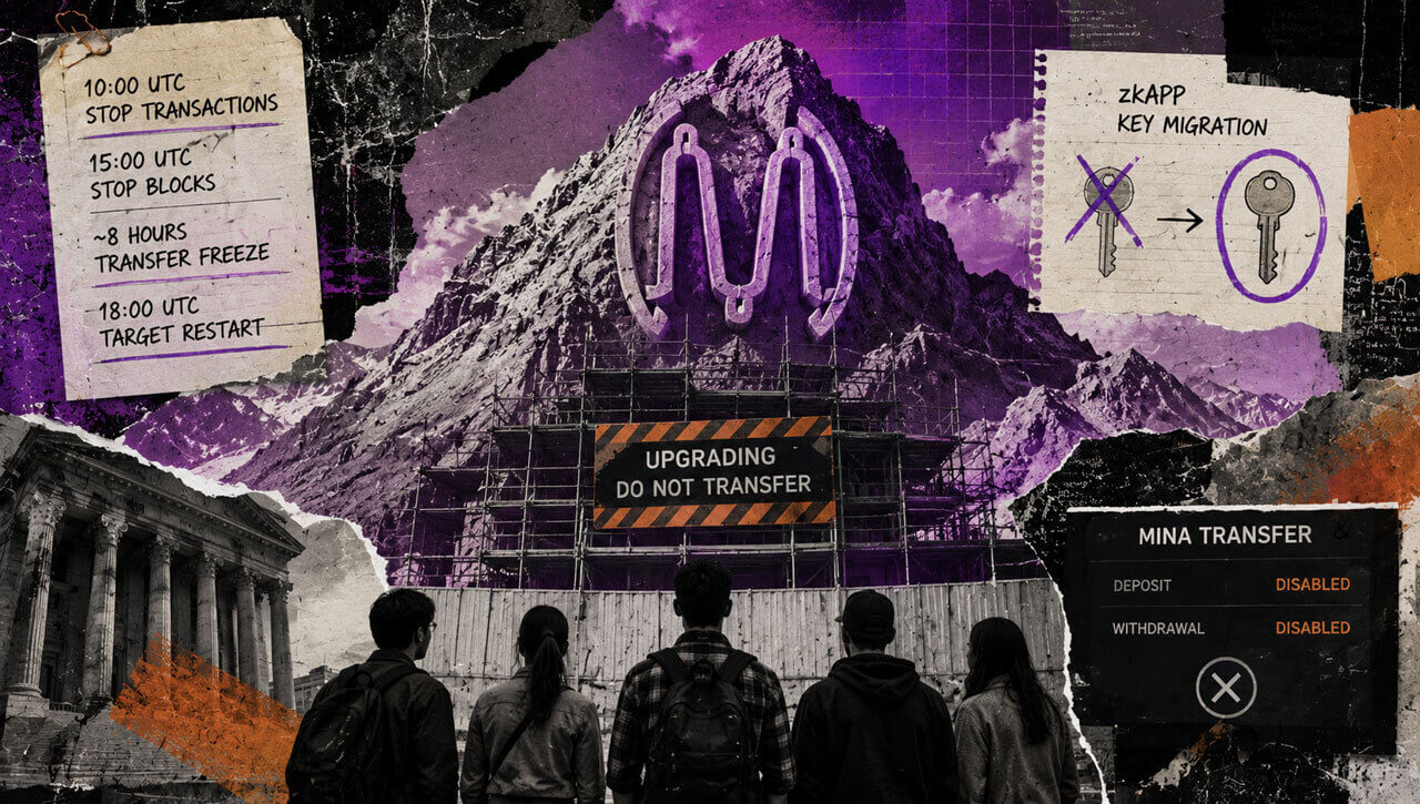 Mina upgrade visualized as a mountain under scaffolding with transfer halt notices, zkApp key migration, and users waiting below.