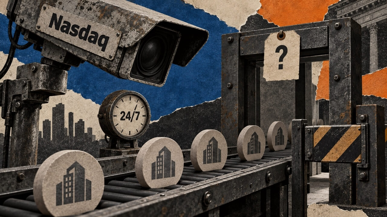 A Nasdaq surveillance camera watches equity tokens approach an unresolved classification barrier beside a 24/7 clock.