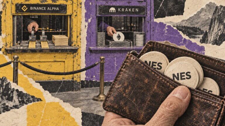 Raw matte collage of a hand holding an NES-filled wallet outside Binance Alpha and Kraken service windows.