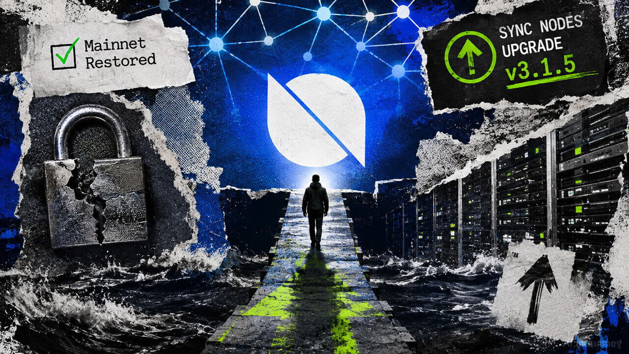 A lone operator crosses a damaged bridge toward Ontology’s restored mainnet as cracked security and server nodes frame the required v3.1.5 upgrade.