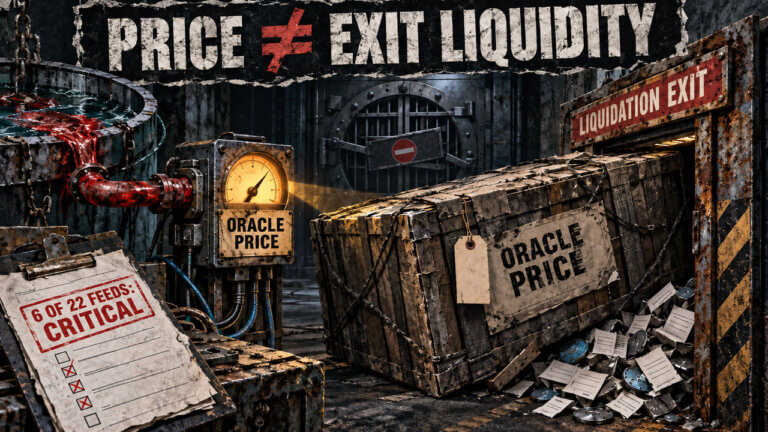 Editorial collage of an oracle-priced collateral crate jammed at a liquidation exit, showing that quoted value does not guarantee sufficient market liquidity.