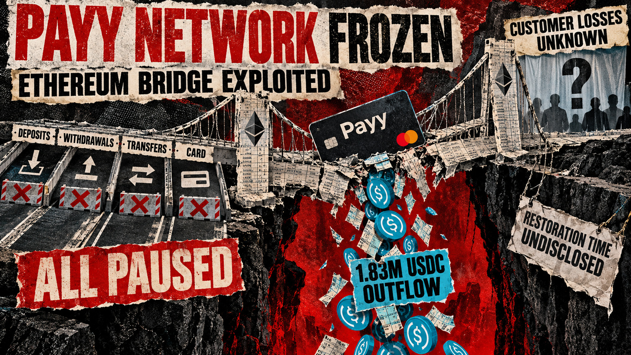 Punk-style collage of Payy’s broken Ethereum bridge, with all transaction routes blocked and 1.83 million USDC falling into a breach as customer losses remain unknown.